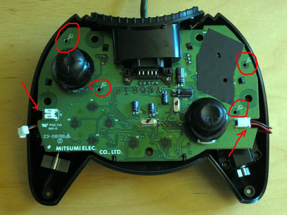 PCB screws marked, connectors indicated